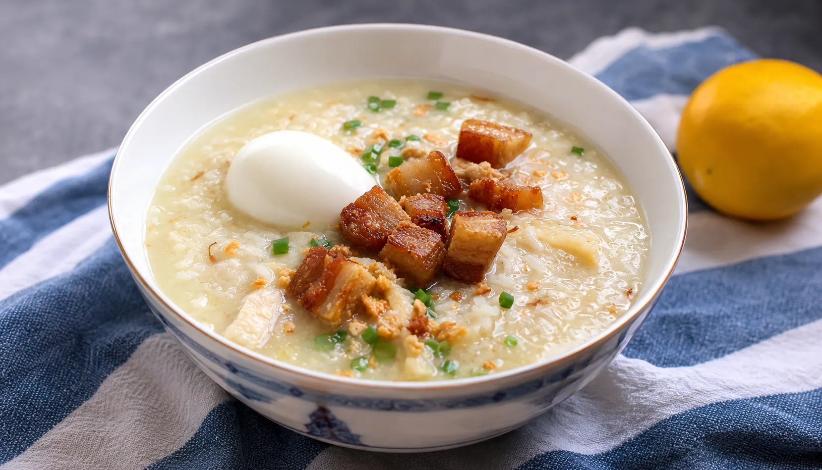 Goto Filipino rice porridge with egg served at Late Night Go-To in Winnipeg